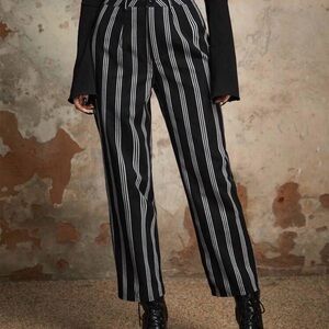 ROMWE Black Pinstripe Straight-Leg Trousers